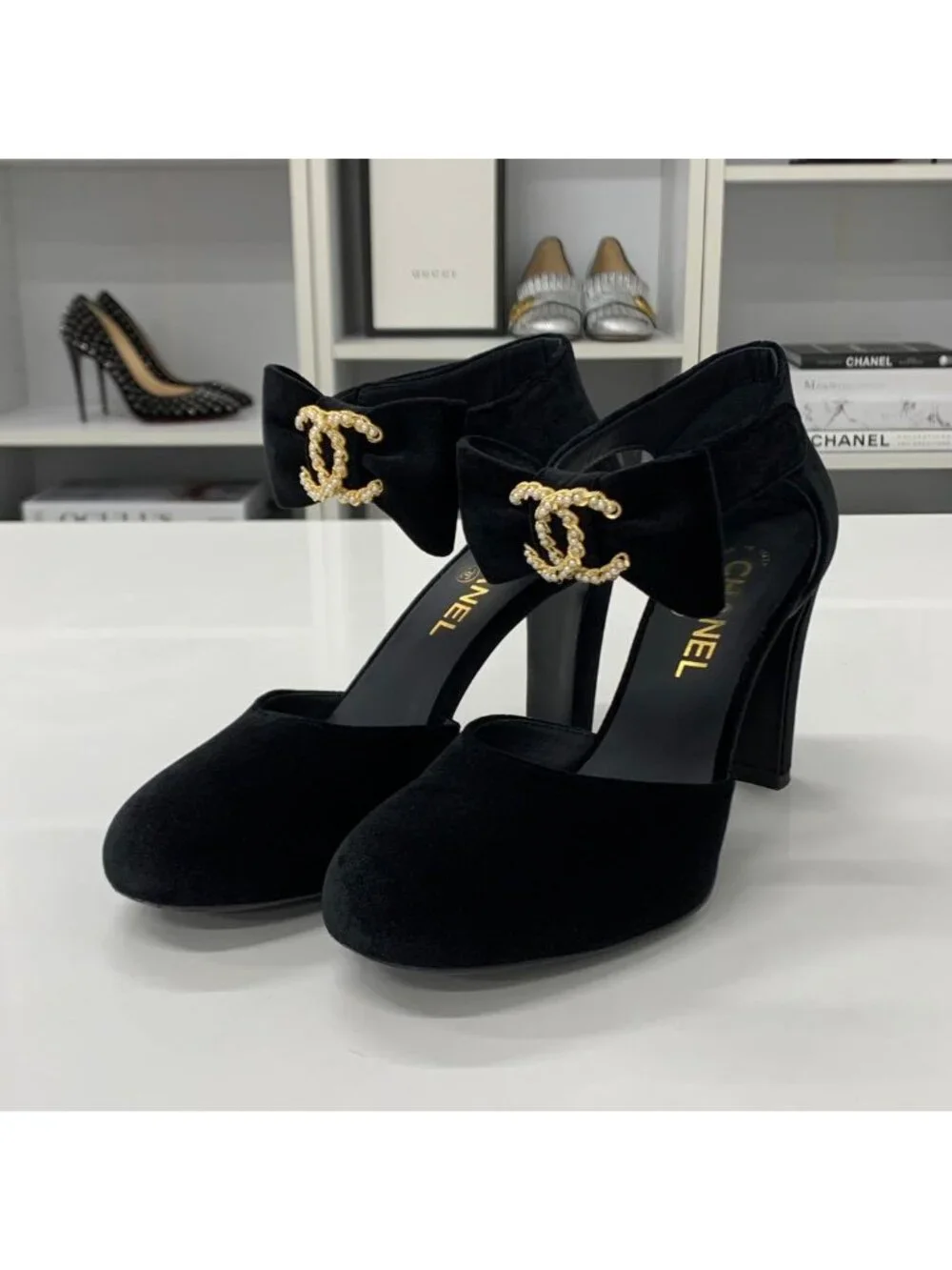 Chanel CC Logo Ribbon Velour Pearl Velcro Strap Pumps Heel